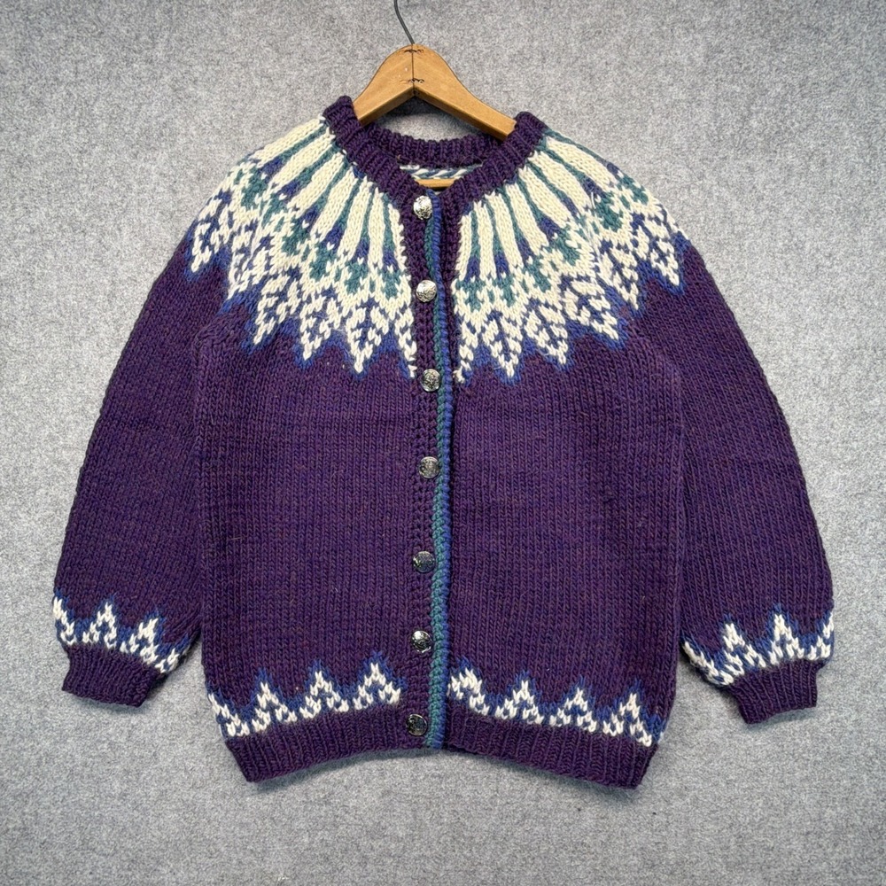 Vintage Hand Knit Icelandic Fair Isle Wool Sweater Womens Large Nordic Chunky